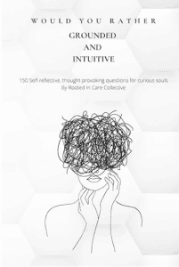 Would You Rather journal book cover for adults with deep prompts. Background is greyscale, interlocked hexagons. Black text reads "Would You Rather", "Grounded and Intuitive", "150 Self-reflective, though provoking questions for curious souls", "By Rooted in Care Collective". Image on front is a black line drawing of a person, possibly female, with a chaotic and messy tangle at the top of their head, representing a mind or soul needing discovery and orientation.