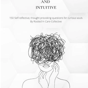 Would You Rather journal book cover for adults with deep prompts. Background is greyscale, interlocked hexagons. Black text reads "Would You Rather", "Grounded and Intuitive", "150 Self-reflective, though provoking questions for curious souls", "By Rooted in Care Collective". Image on front is a black line drawing of a person, possibly female, with a chaotic and messy tangle at the top of their head, representing a mind or soul needing discovery and orientation.